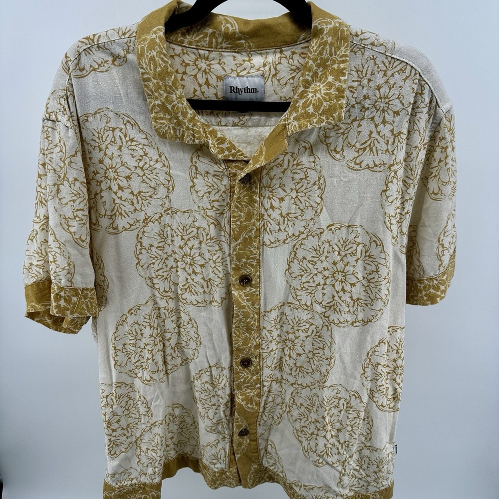 RHYTHM SHIPPO CUBAN S/S Button Down Shirt Natural Linen Yellow Mustard XL Men's